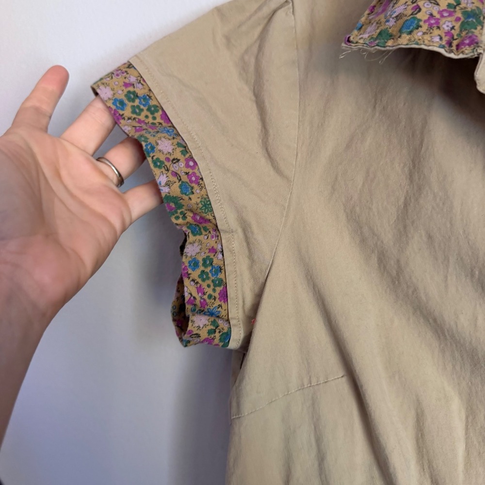 Y2K Merona XL Tan Khaki Floral Trim Button Down Shirt Dress Short Sleeve Pockets - Picture 3 of 8